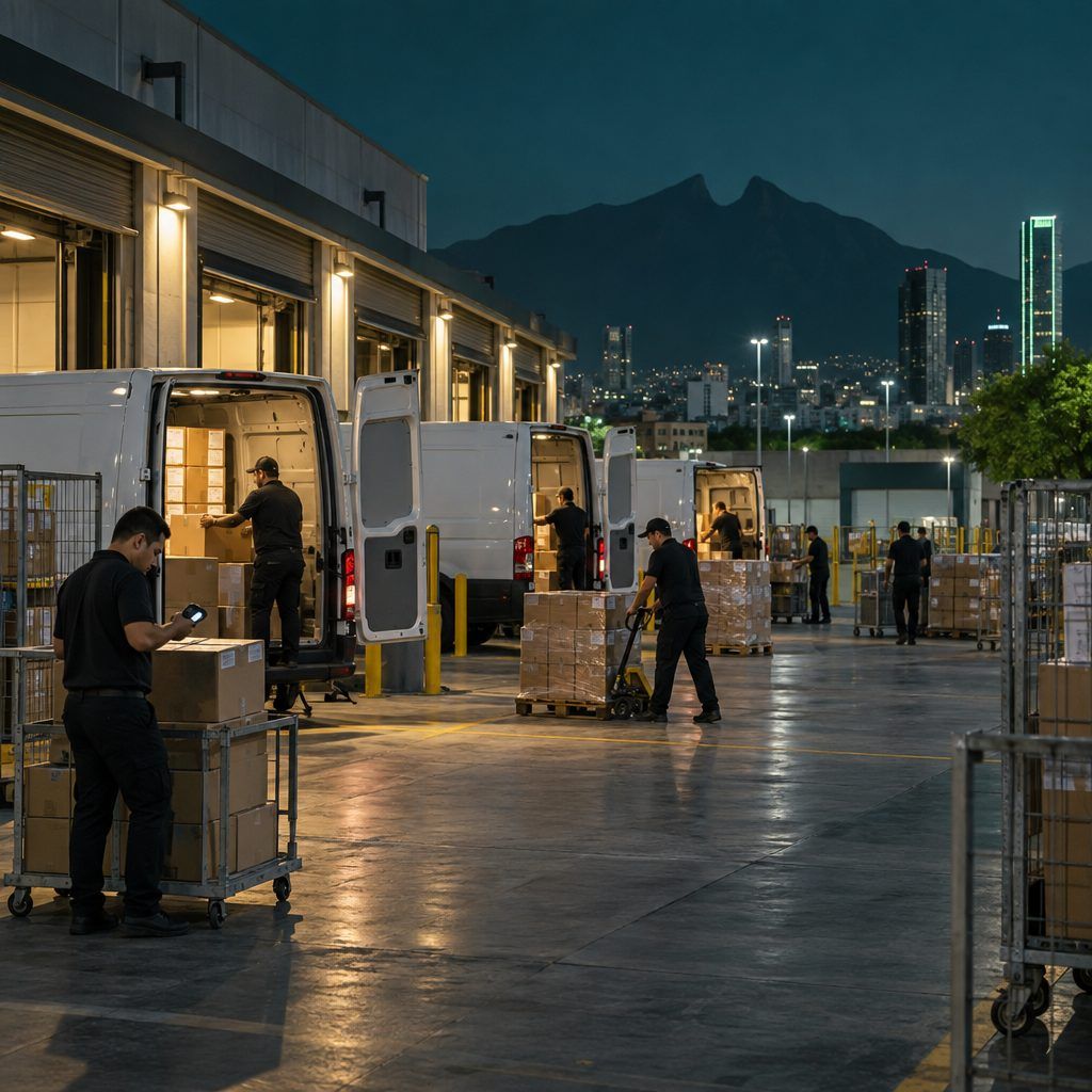 Centro de distribución de noche con camionetas cargando paquetes