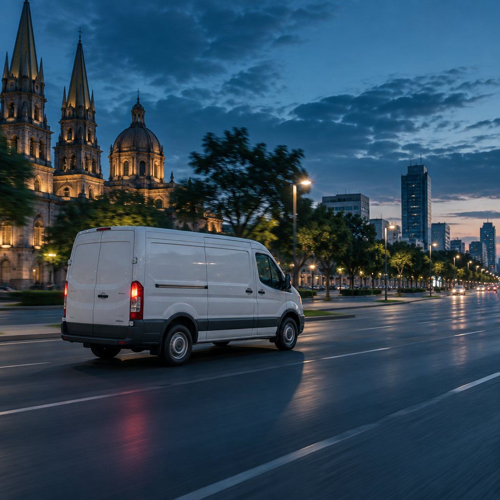 Una camioneta blanca recorre una avenida de noche, a la hora azul