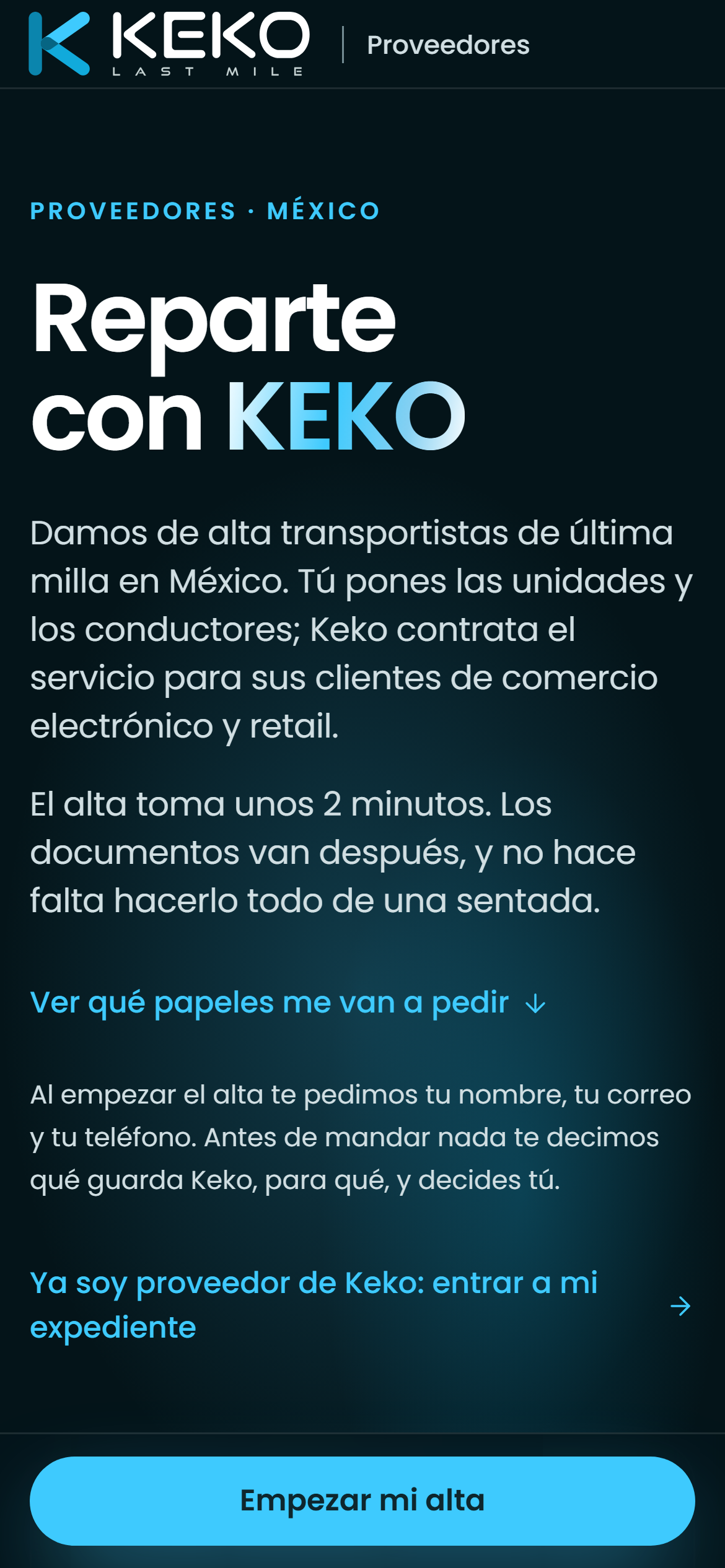 El portal de proveedores de KEKO en un teléfono: portada «Reparte con KEKO»